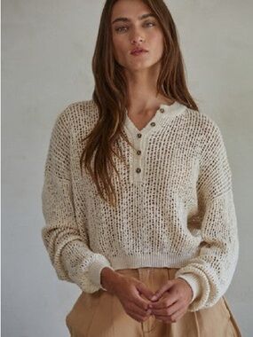 Open-Knit Cream Henley Sweater - Women's